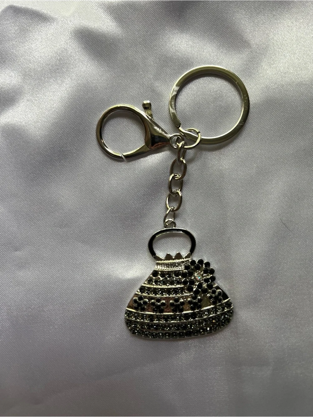 Silver-Tone Black Crystal Purse Charm Keychain